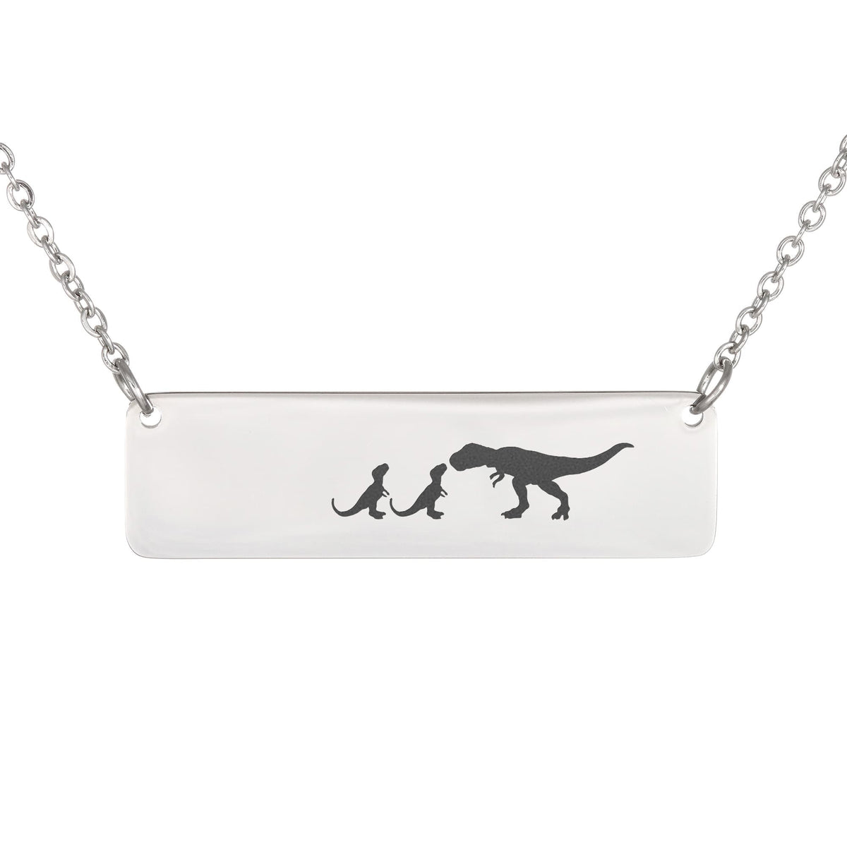 Dinosaur Mother And 2 Babies Horizontal Bar Necklace, Engraved Family Necklace