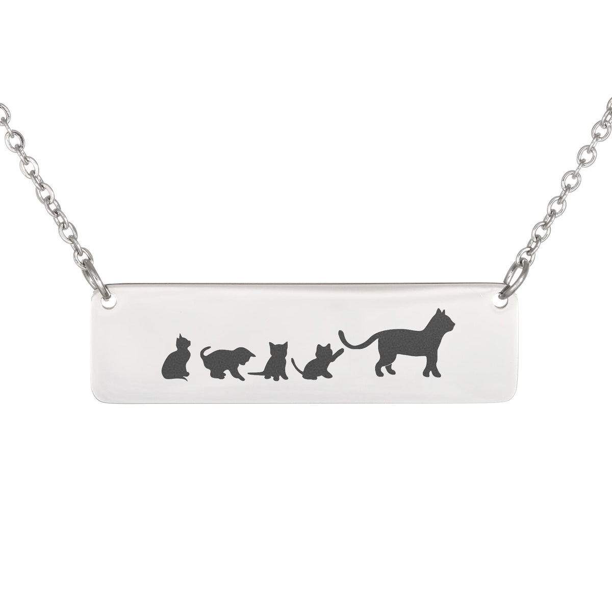 Cat Mother And 4 Babies Horizontal Bar Necklace, Engraved Family Necklace