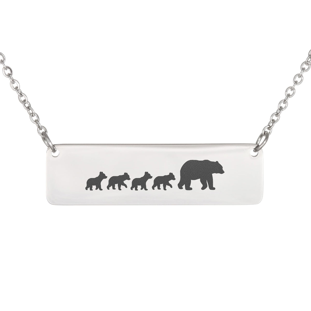 Bear Mother And 4 Babies Horizontal Bar Necklace, Engraved Family Necklace