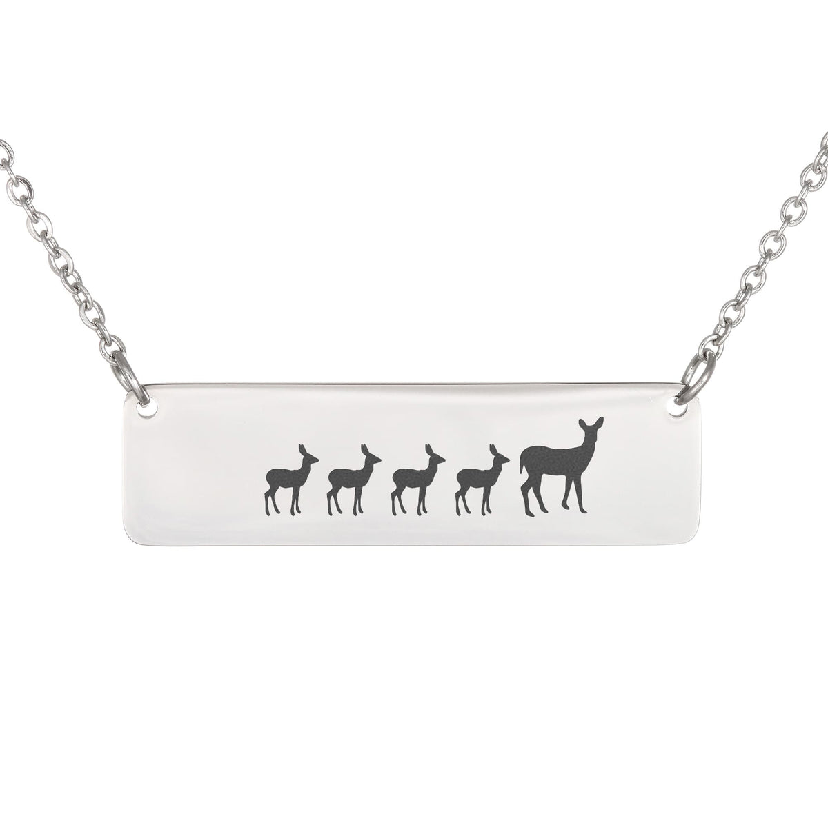 Deer Mother And 4 Babies Horizontal Bar Necklace, Engraved Family Necklace