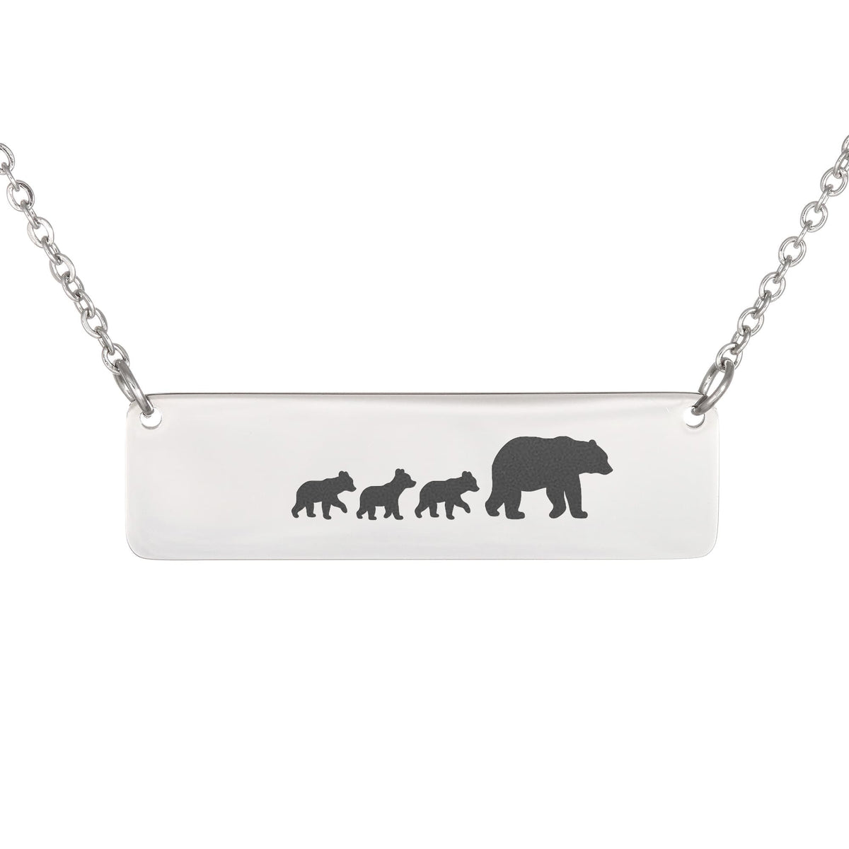 Bear Mother And 3 Babies Horizontal Bar Necklace, Engraved Family Necklace