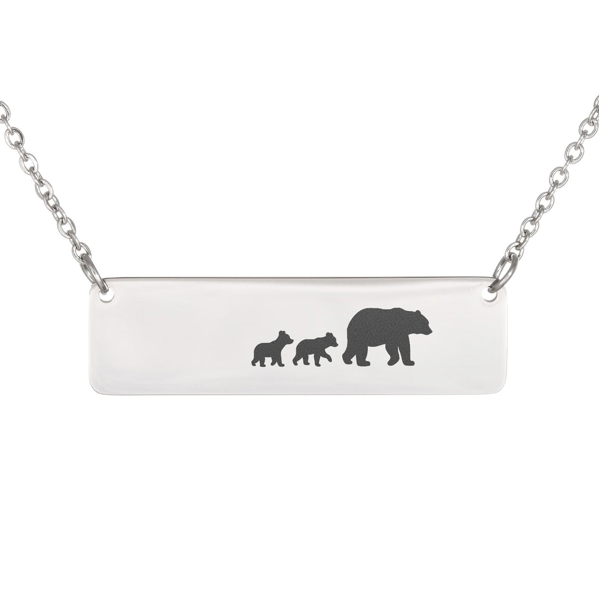 Bear Mother And 2 Babies Horizontal Bar Necklace, Engraved Family Necklace