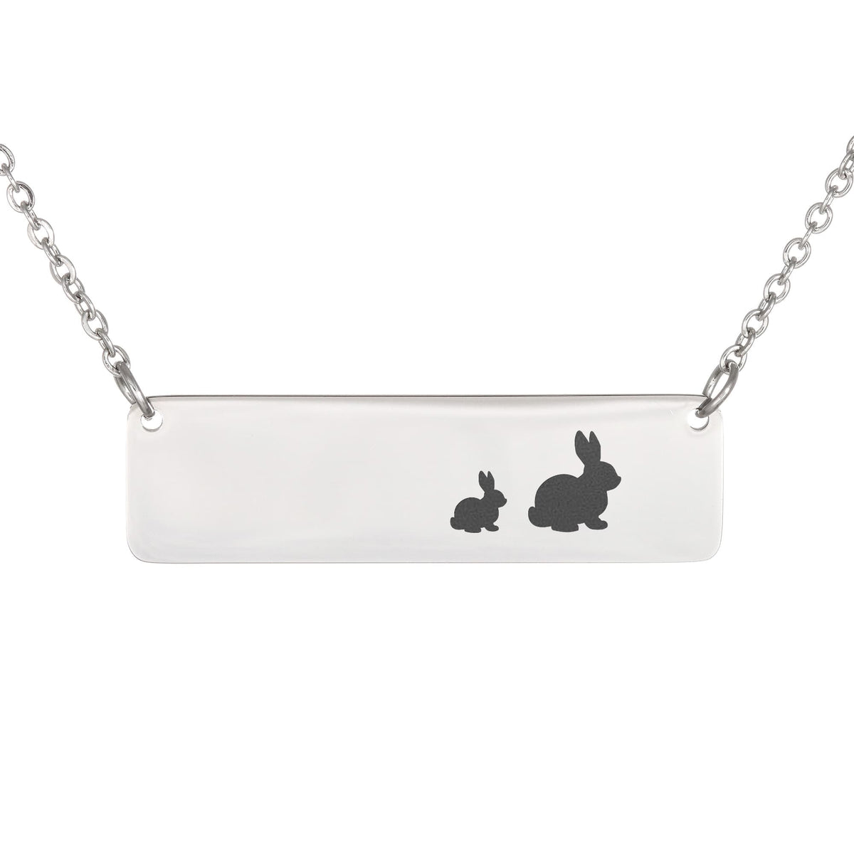 Bunny Mother And 1 Baby Horizontal Bar Necklace, Engraved Family Necklace