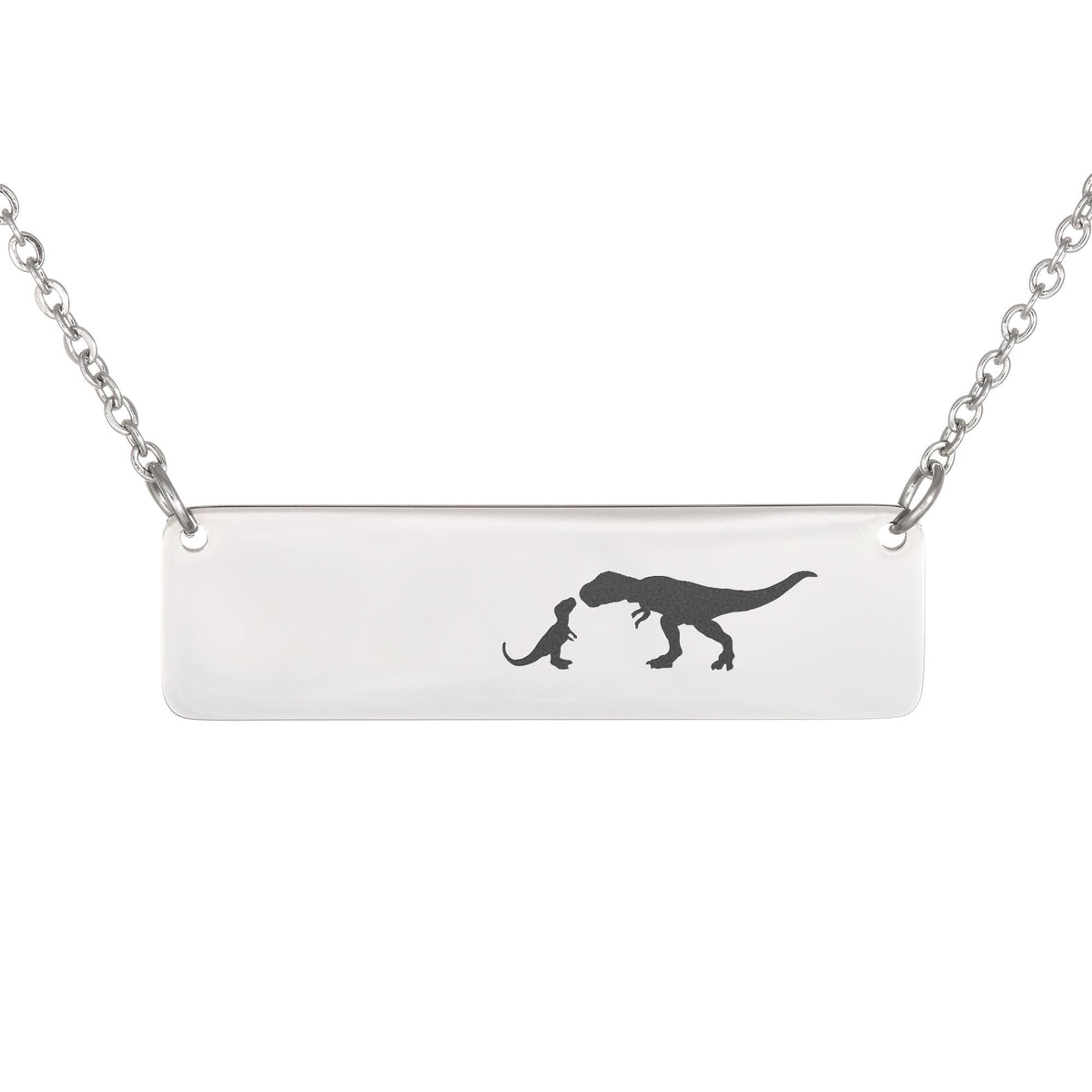 Dinosaur Mother And 1 Baby Horizontal Bar Necklace, Engraved Family Necklace