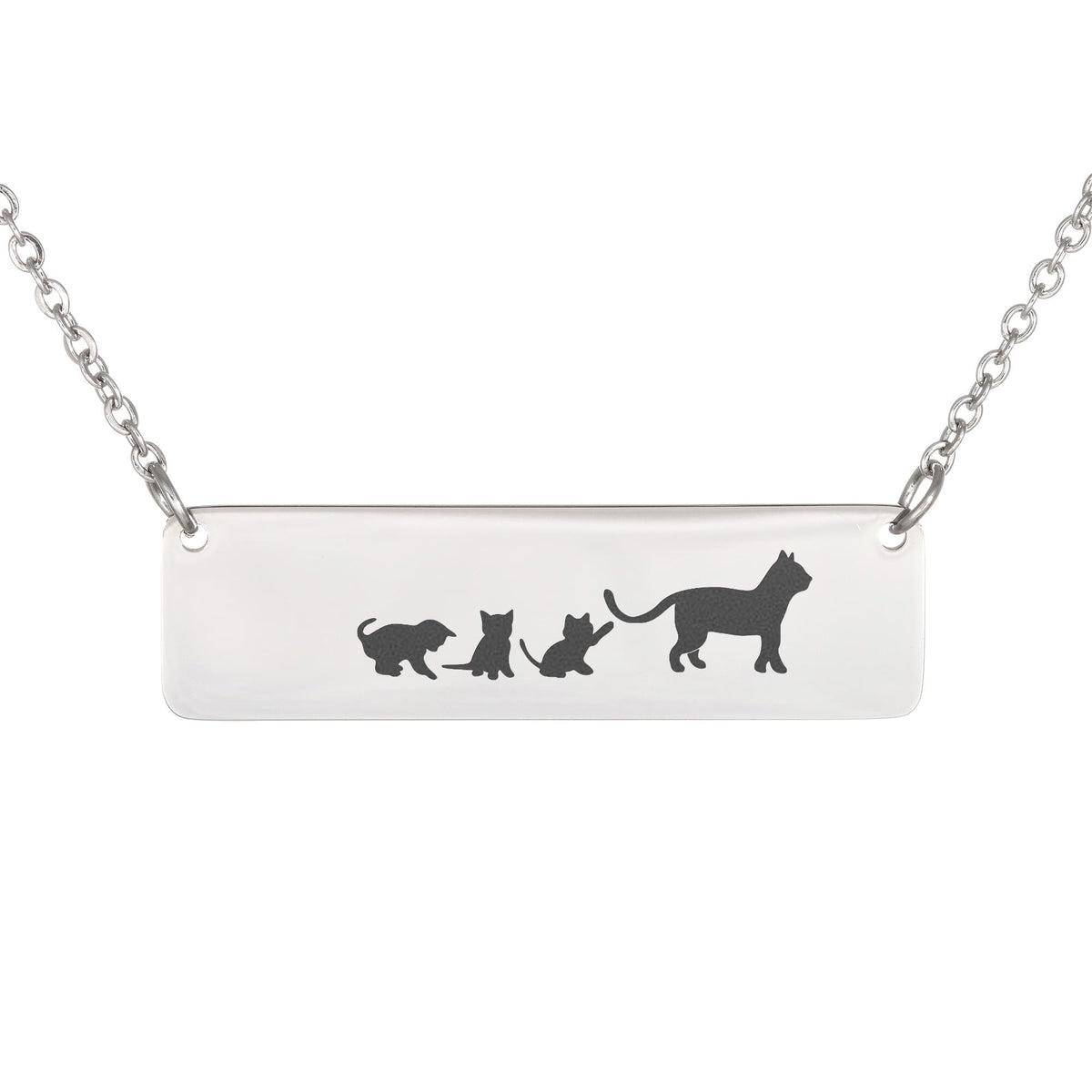 Cat Mother And 3 Babies Horizontal Bar Necklace, Engraved Family Necklace