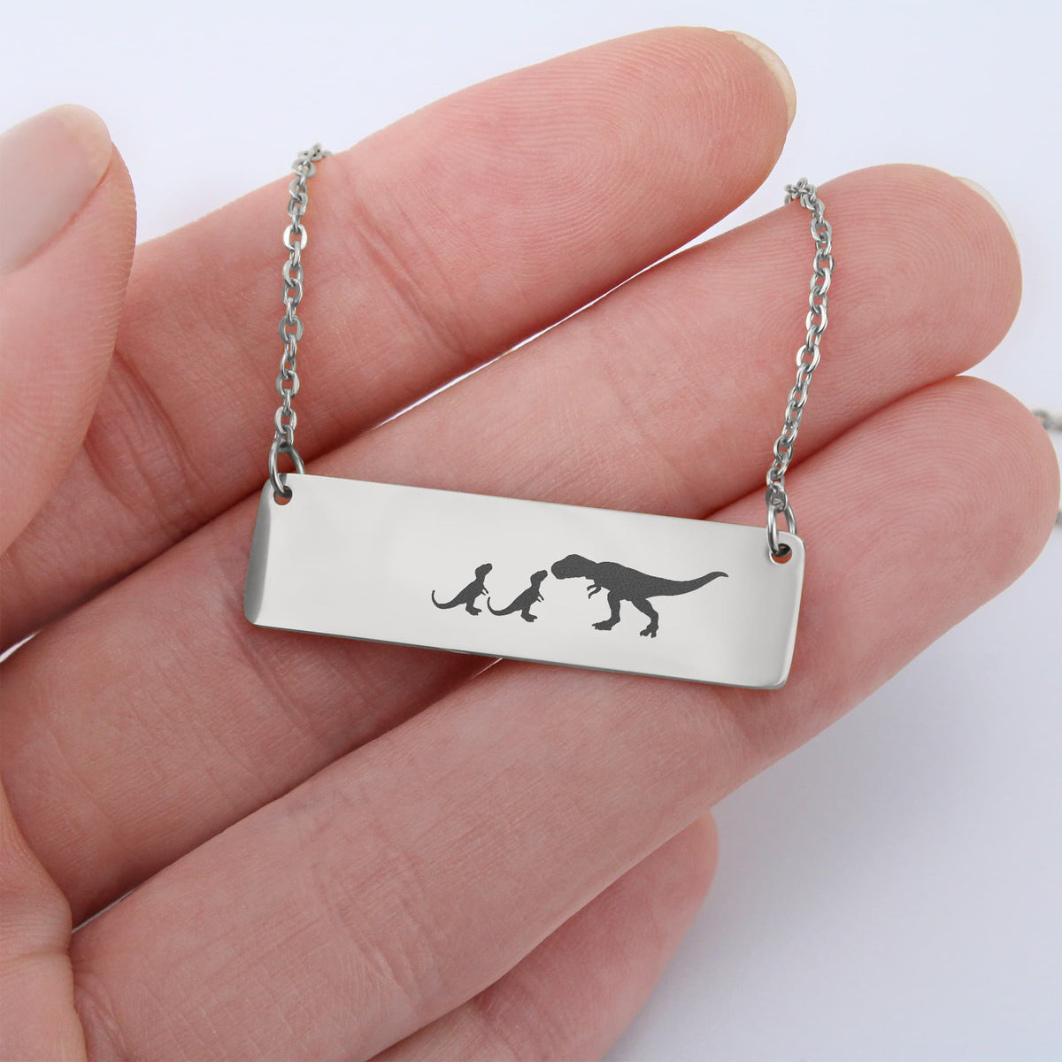 Dinosaur Mother And 2 Babies Horizontal Bar Necklace, Engraved Family Necklace