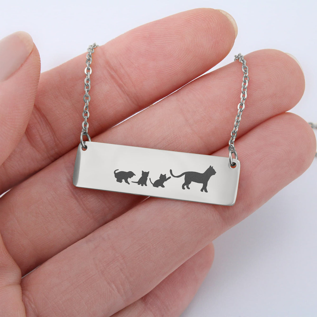 Cat Mother And 3 Babies Horizontal Bar Necklace, Engraved Family Necklace