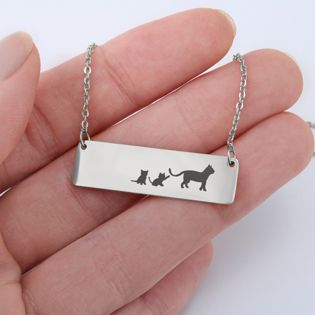 Cat Mother And 2 Babies Horizontal Bar Necklace, Engraved Family Necklace