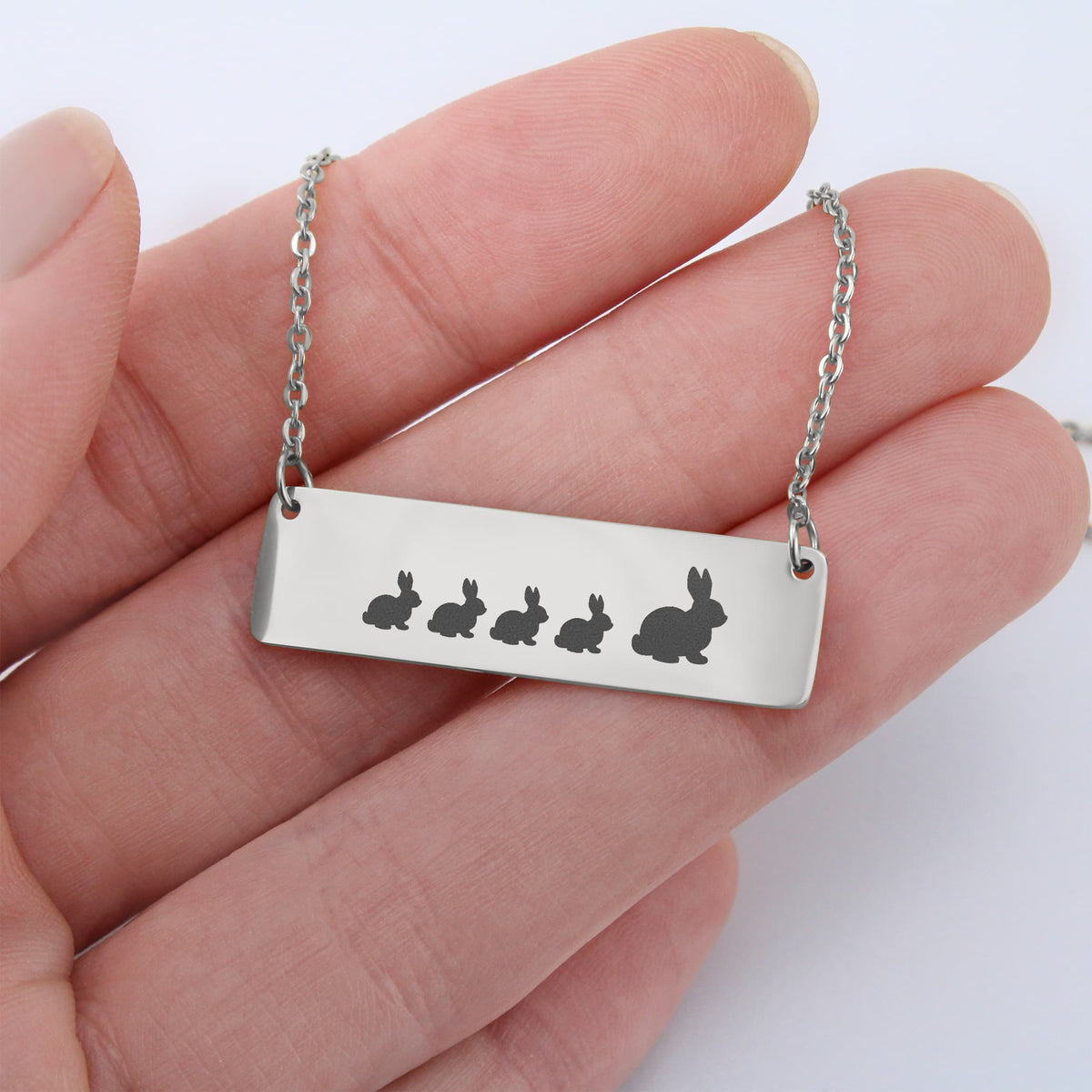 Bunny Mother And 4 Babies Horizontal Bar Necklace, Engraved Family Necklace