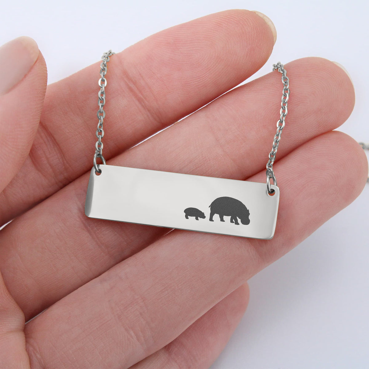 Hippo Mother And 1 Baby Horizontal Bar Necklace, Engraved Family Necklace