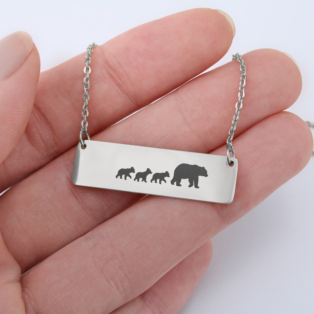 Bear Mother And 3 Babies Horizontal Bar Necklace, Engraved Family Necklace
