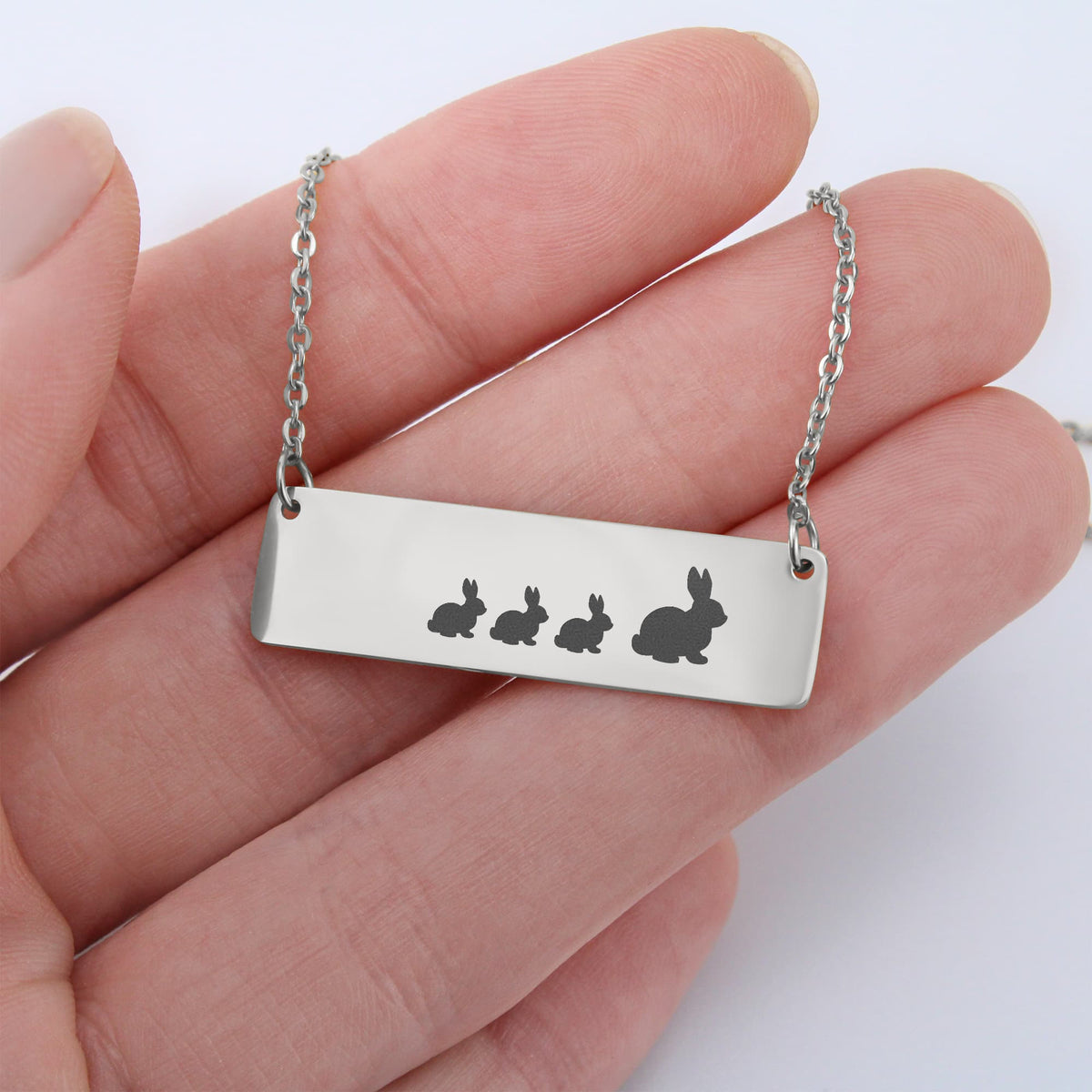 Bunny Mother And 3 Babies Horizontal Bar Necklace, Engraved Family Necklace