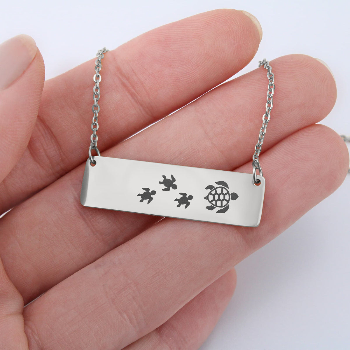 Turtle Mother And 3 Babies Horizontal Bar Necklace, Engraved Family Necklace