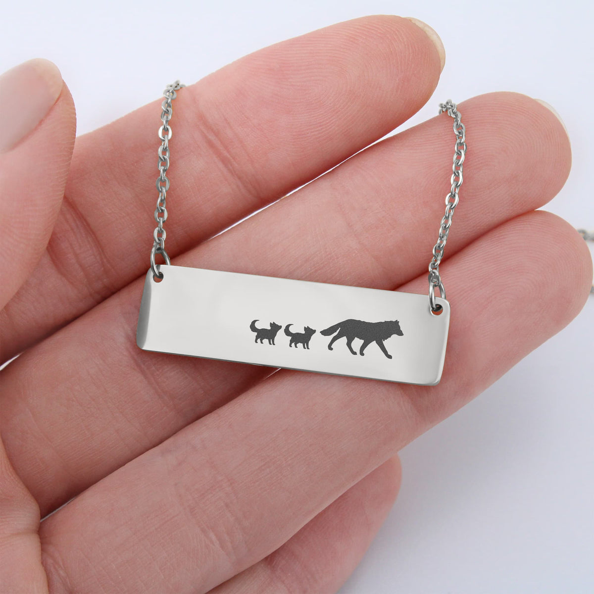 Wolf Mother And 2 Babies Horizontal Bar Necklace, Engraved Family Necklace