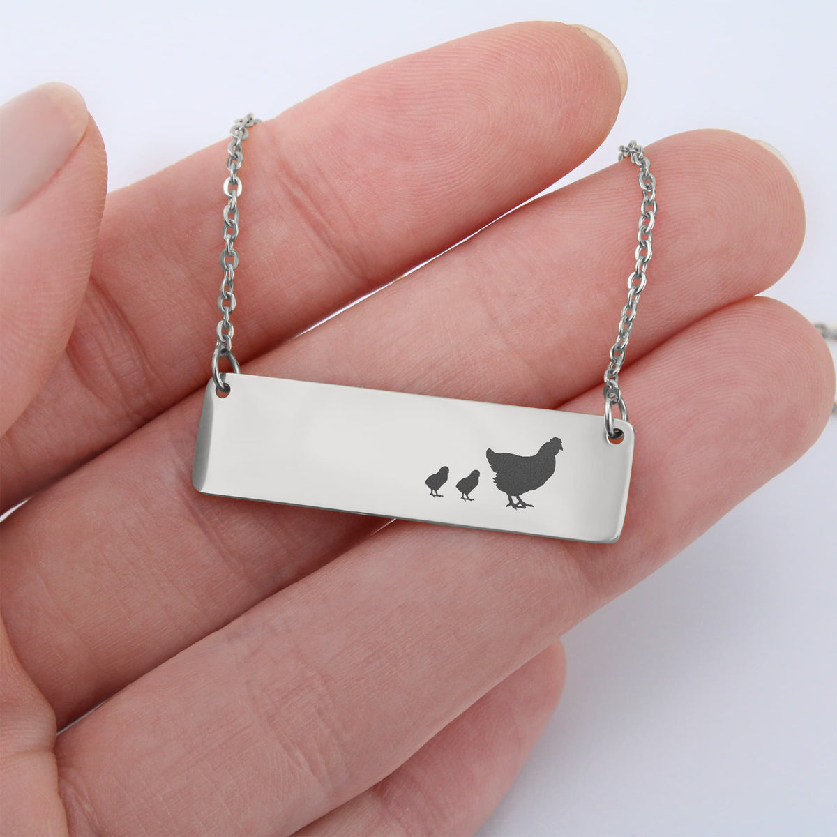 Chicken Mother And 2 Babies Horizontal Bar Necklace, Engraved Family Necklace