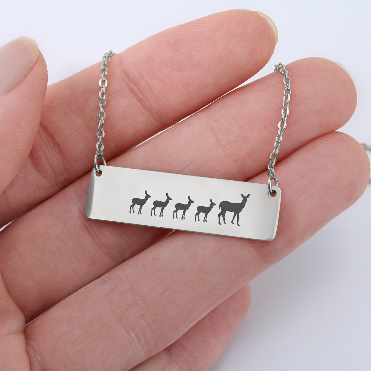 Deer Mother And 4 Babies Horizontal Bar Necklace, Engraved Family Necklace