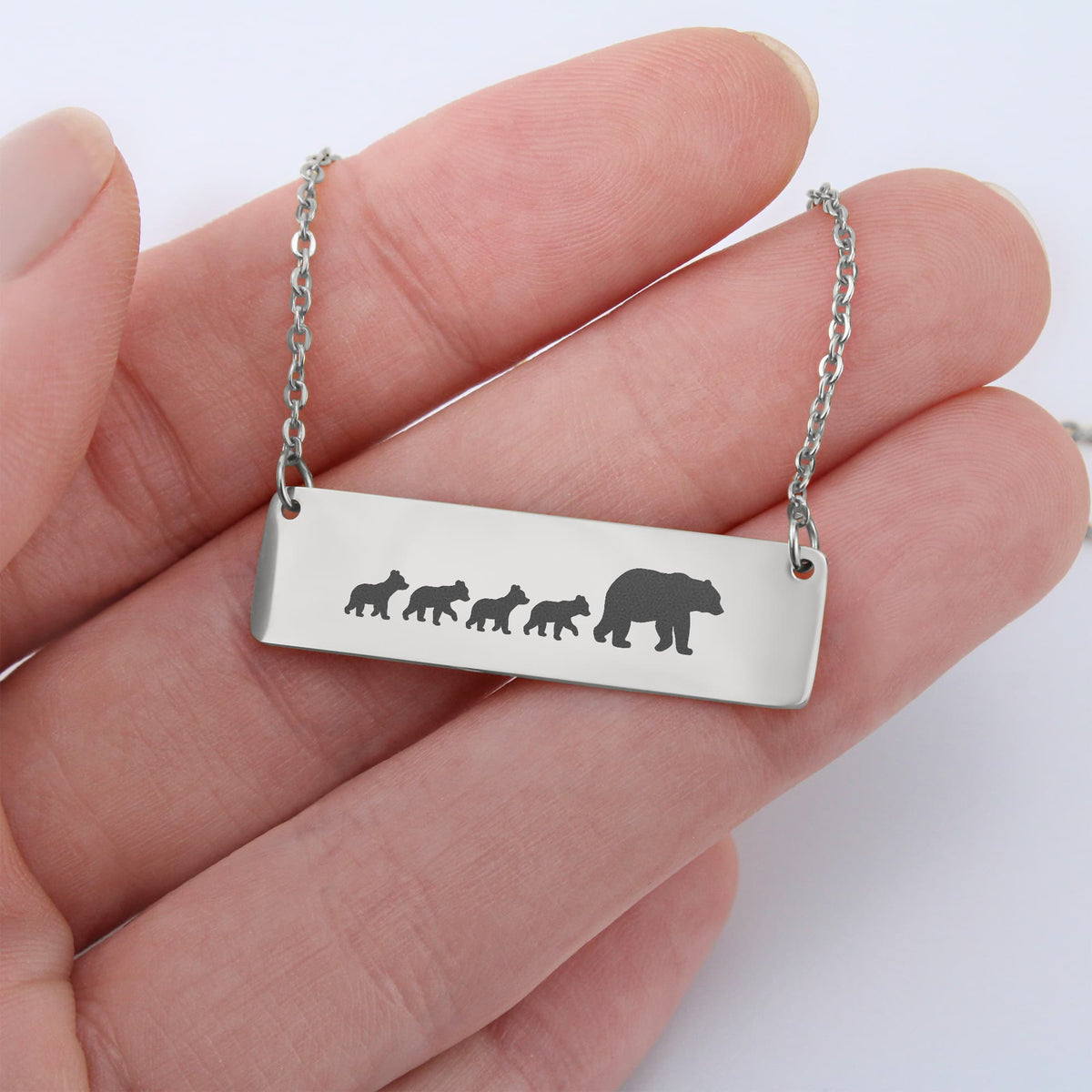 Bear Mother And 4 Babies Horizontal Bar Necklace, Engraved Family Necklace