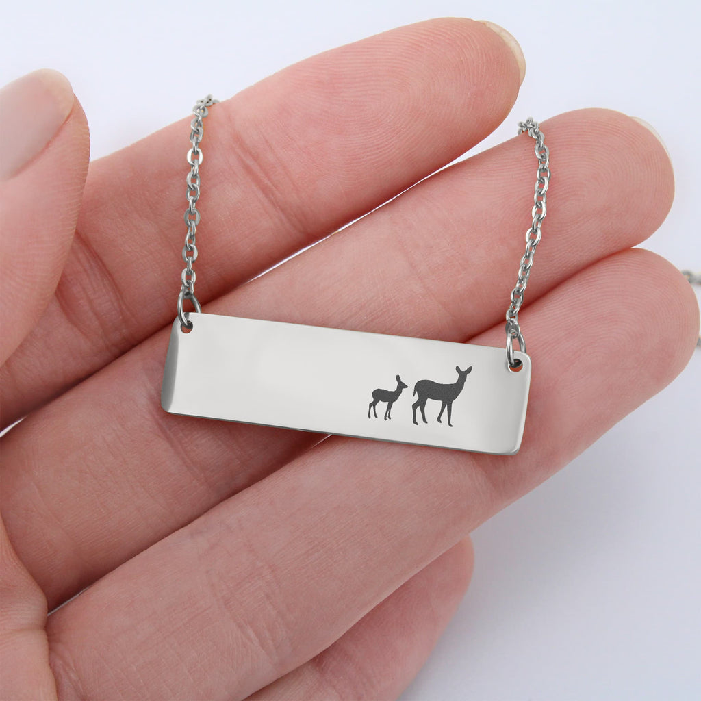 Deer Mother And 1 Baby Horizontal Bar Necklace, Engraved Family Necklace