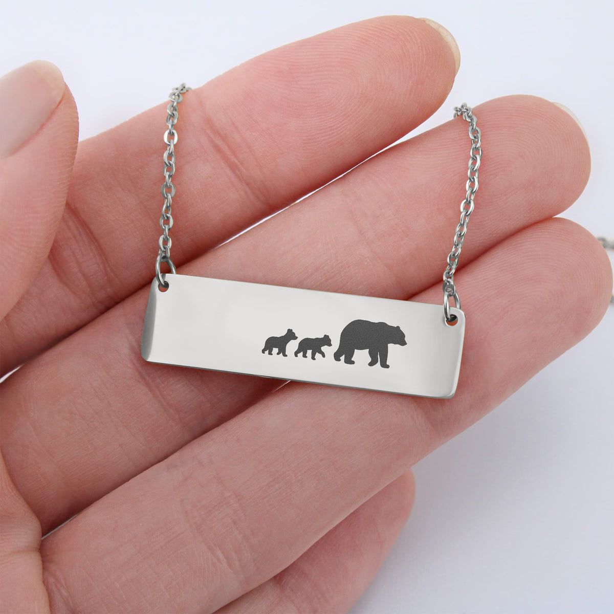 Bear Mother And 2 Babies Horizontal Bar Necklace, Engraved Family Necklace