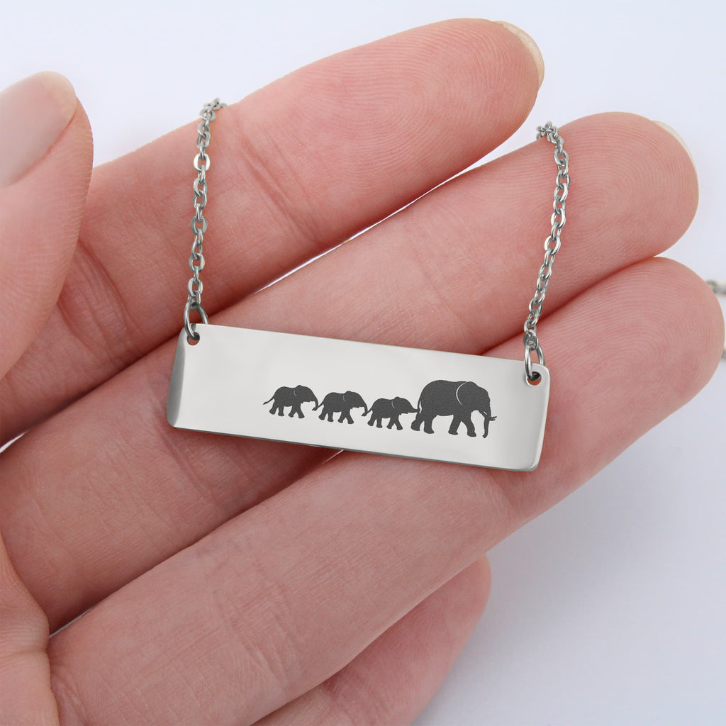 Elephant Mother And 3 Babies Horizontal Bar Necklace, Engraved Family Necklace