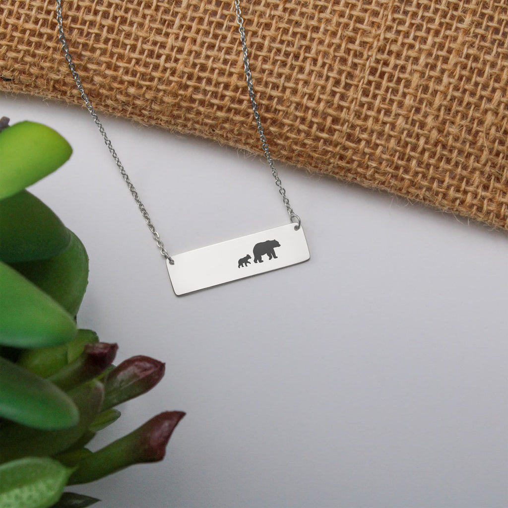 Bear Mother And 1 Baby Horizontal Bar Necklace, Engraved Family Necklace