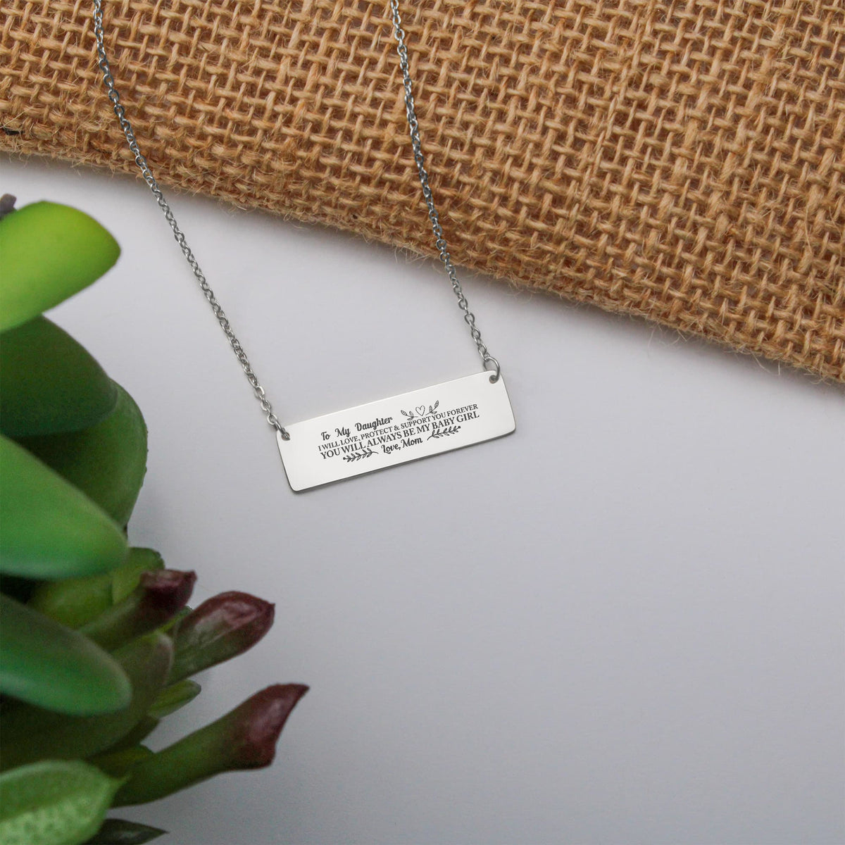 To My Daughter Horizontal Bar Necklace, Love Mom Gift