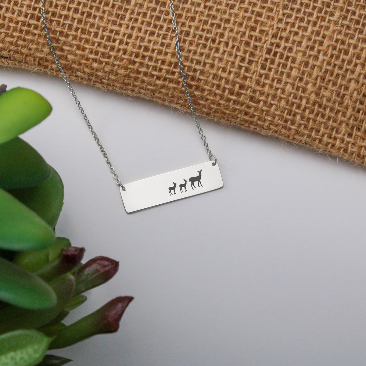 Deer Mother And 2 Babies Horizontal Bar Necklace, Engraved Family Necklace