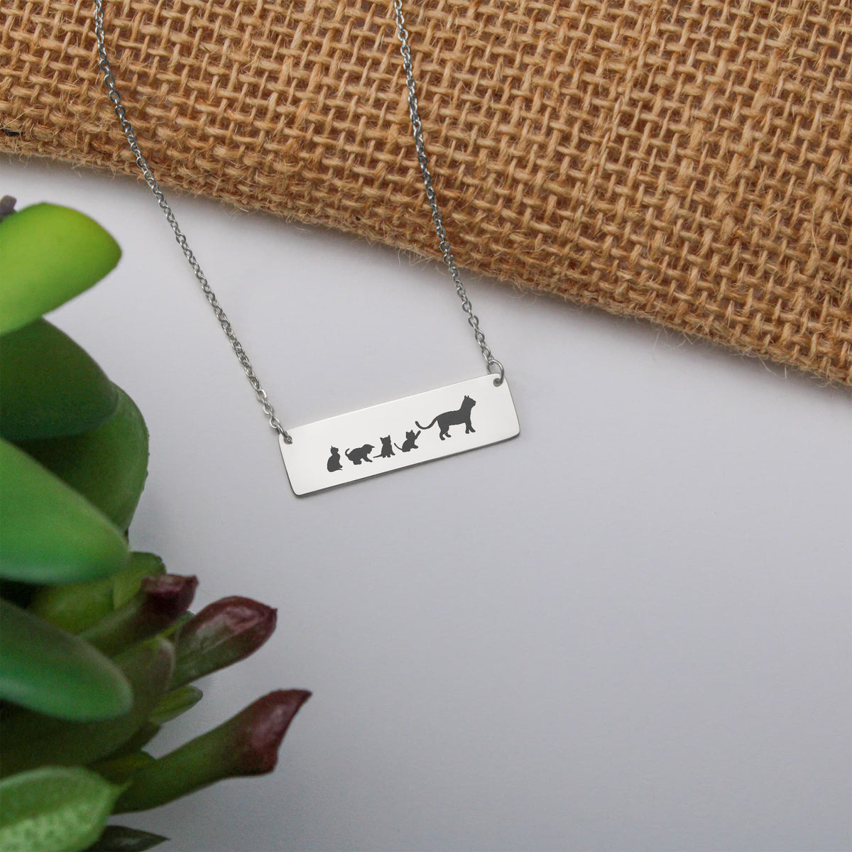 Cat Mother And 4 Babies Horizontal Bar Necklace, Engraved Family Necklace