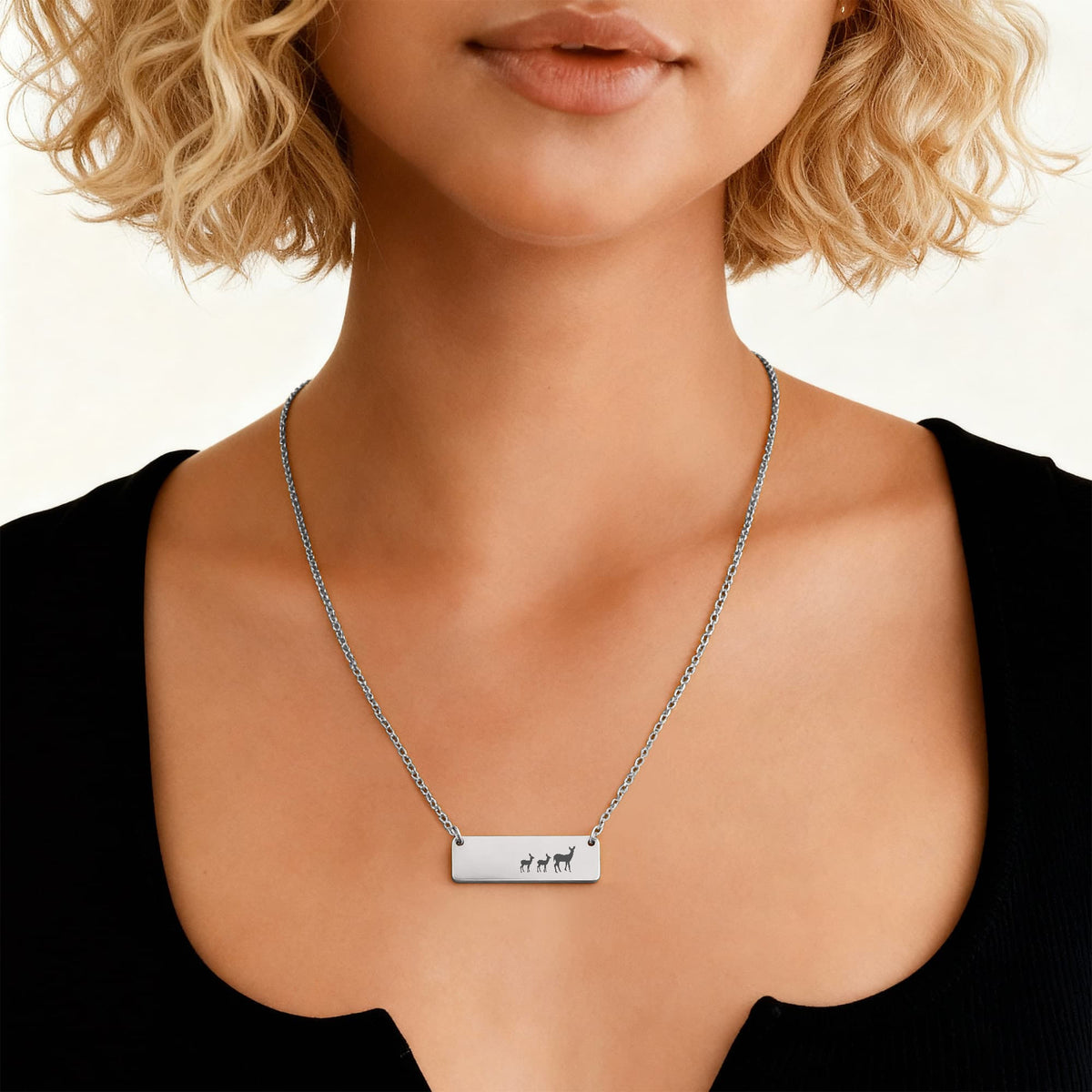 Deer Mother And 2 Babies Horizontal Bar Necklace, Engraved Family Necklace