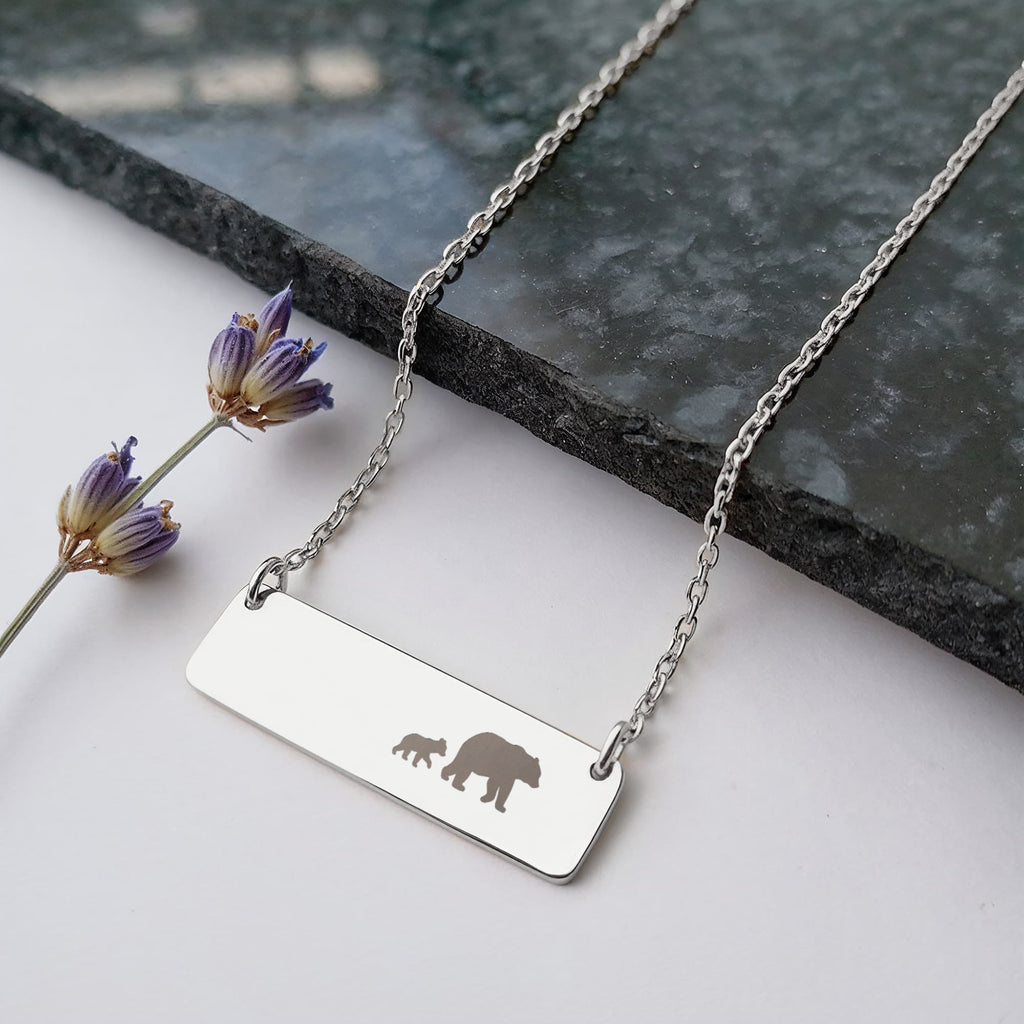 Bear Mother And 1 Baby Horizontal Bar Necklace, Engraved Family Necklace