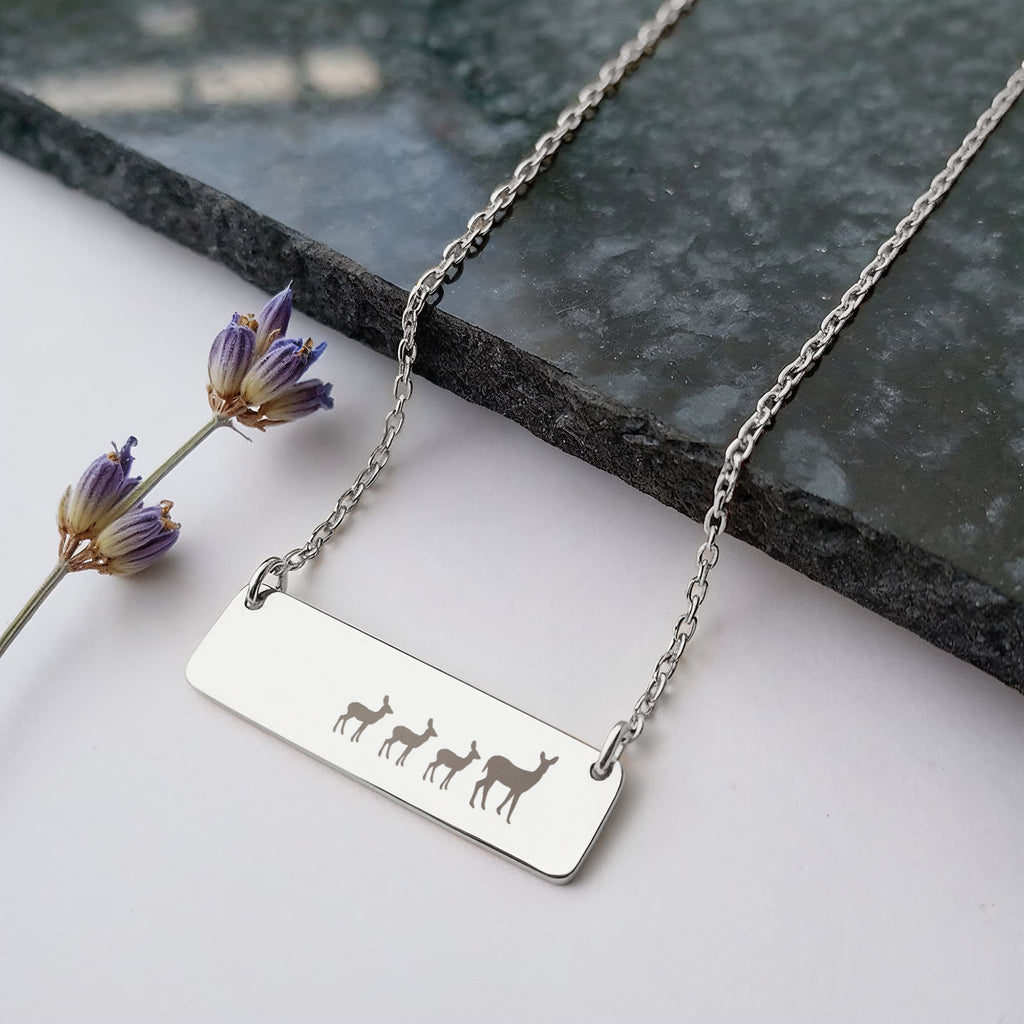 Deer Mother And 3 Babies Horizontal Bar Necklace, Engraved Family Necklace