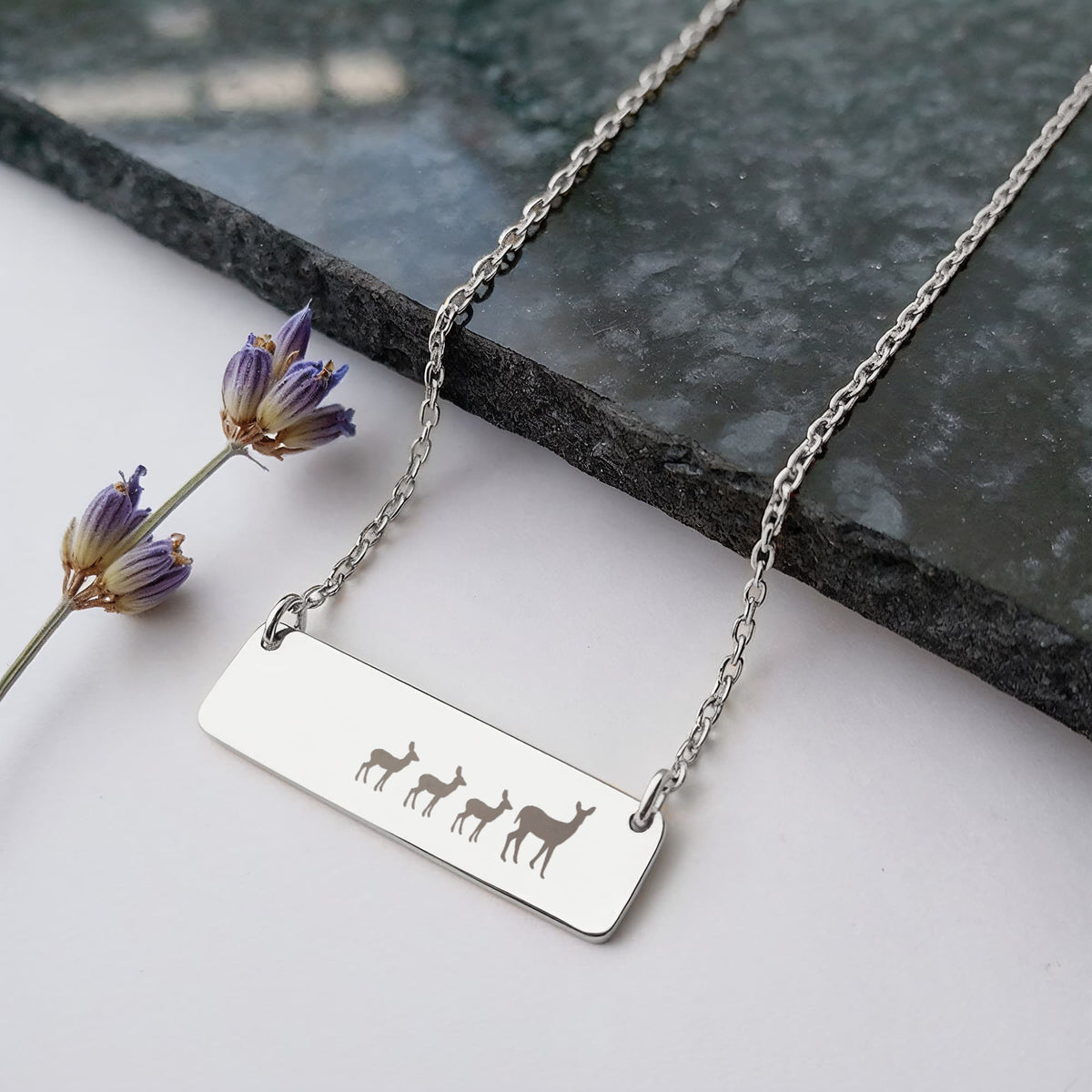 Deer Mother And 3 Babies Horizontal Bar Necklace, Engraved Family Necklace