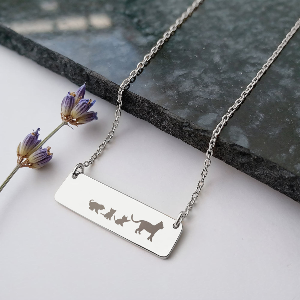 Cat Mother And 3 Babies Horizontal Bar Necklace, Engraved Family Necklace