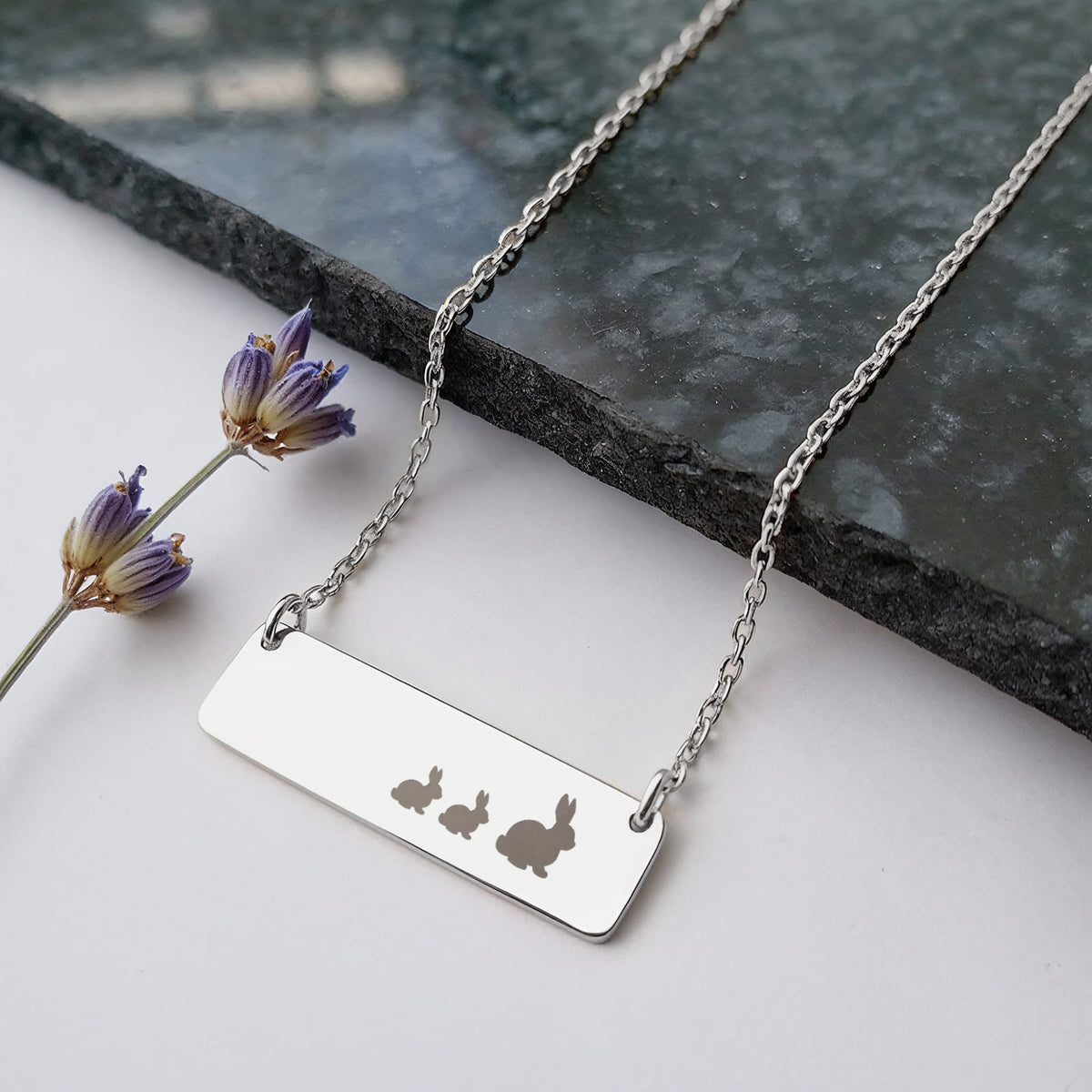 Bunny Mother And 2 Babies Horizontal Bar Necklace, Engraved Family Necklace