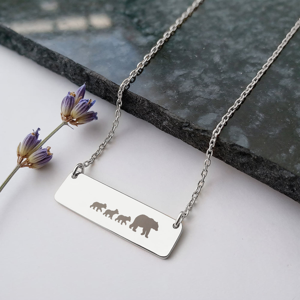Bear Mother And 3 Babies Horizontal Bar Necklace, Engraved Family Necklace