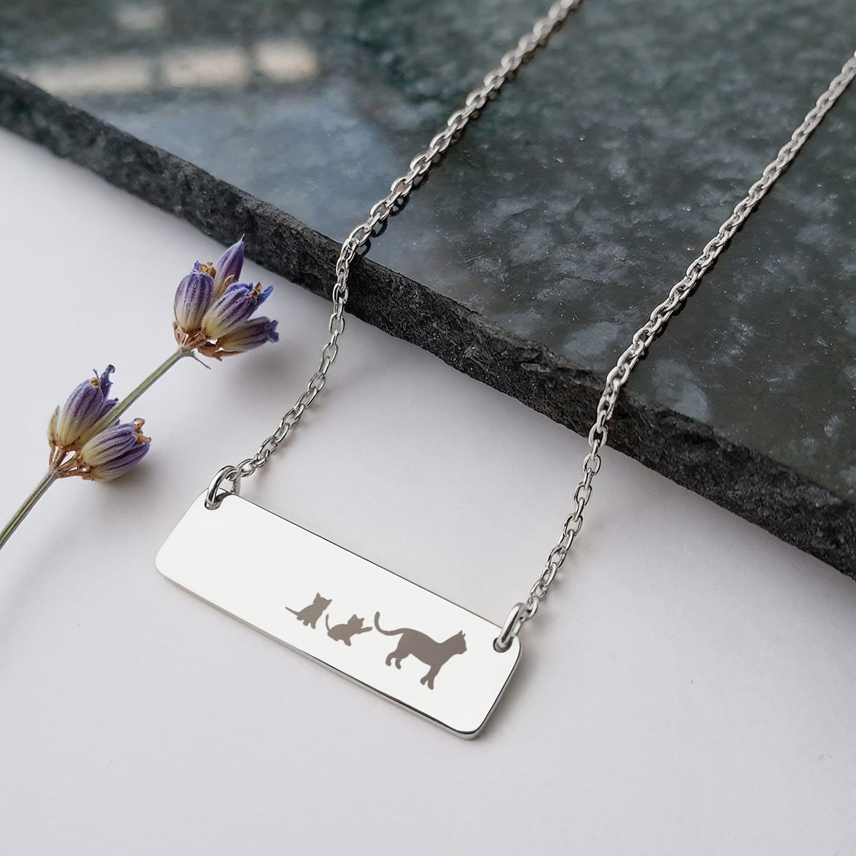 Cat Mother And 2 Babies Horizontal Bar Necklace, Engraved Family Necklace