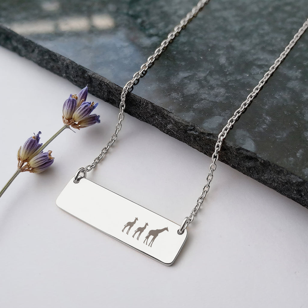 Giraffe Mother And 2 Babies Horizontal Bar Necklace, Engraved Family Necklace