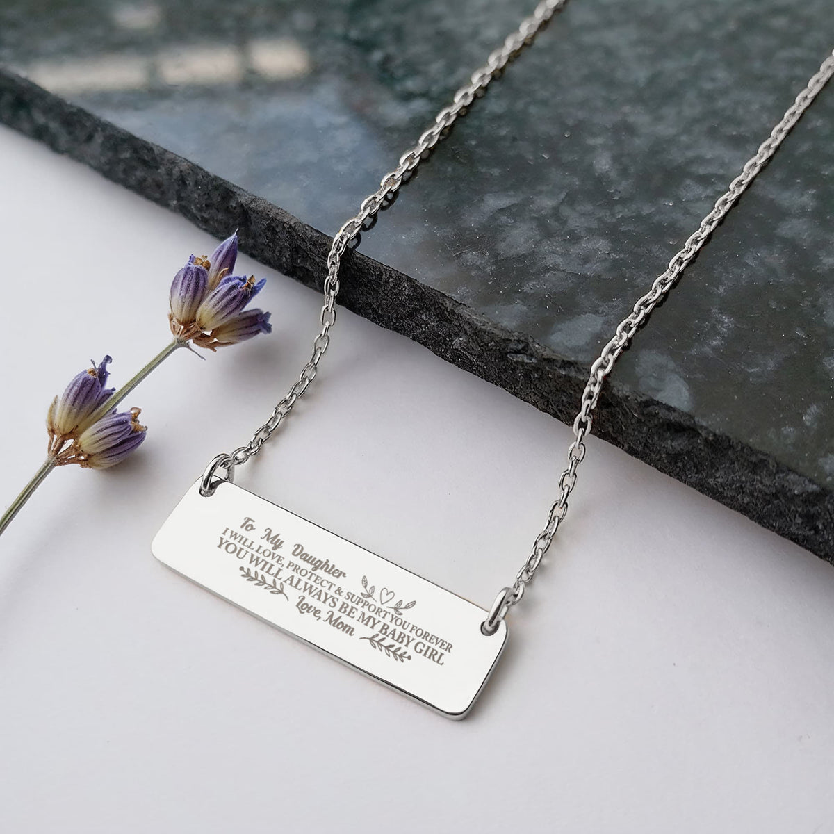 To My Daughter Horizontal Bar Necklace, Love Mom Gift