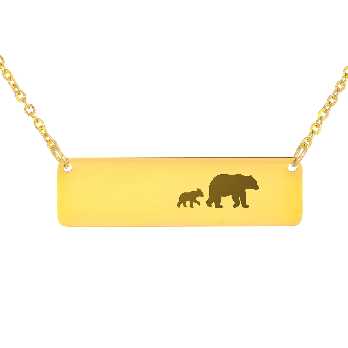 Bear Mother And 1 Baby Horizontal Bar Necklace, Engraved Family Necklace