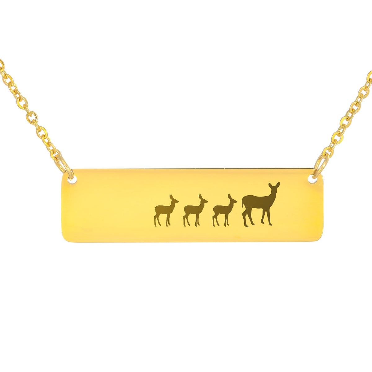 Deer Mother And 3 Babies Horizontal Bar Necklace, Engraved Family Necklace