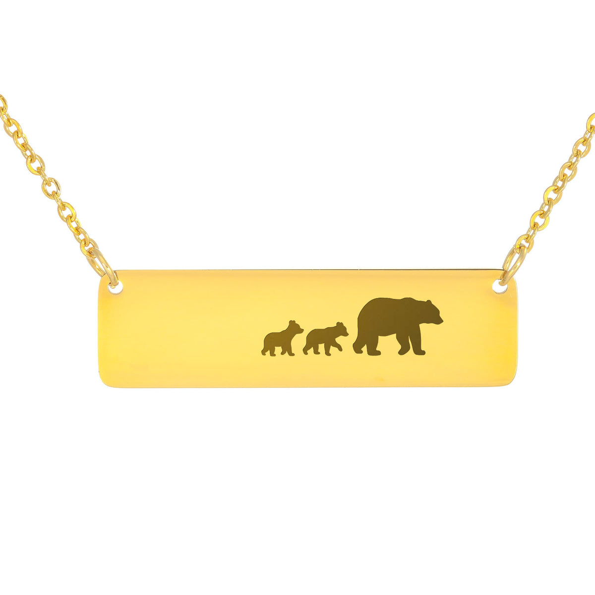 Bear Mother And 2 Babies Horizontal Bar Necklace, Engraved Family Necklace