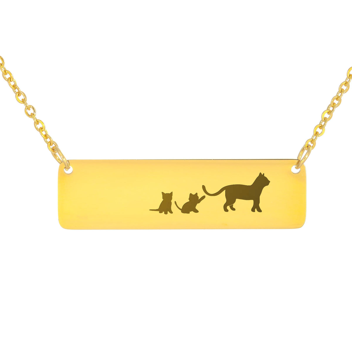 Cat Mother And 2 Babies Horizontal Bar Necklace, Engraved Family Necklace