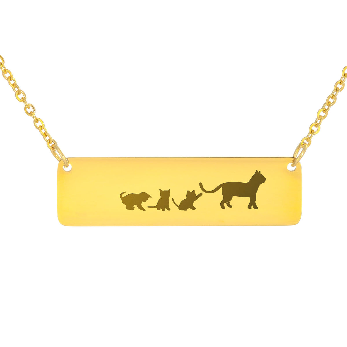 Cat Mother And 3 Babies Horizontal Bar Necklace, Engraved Family Necklace