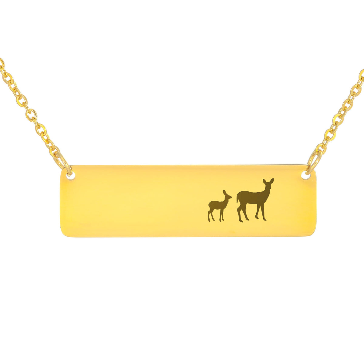 Deer Mother And 1 Baby Horizontal Bar Necklace, Engraved Family Necklace
