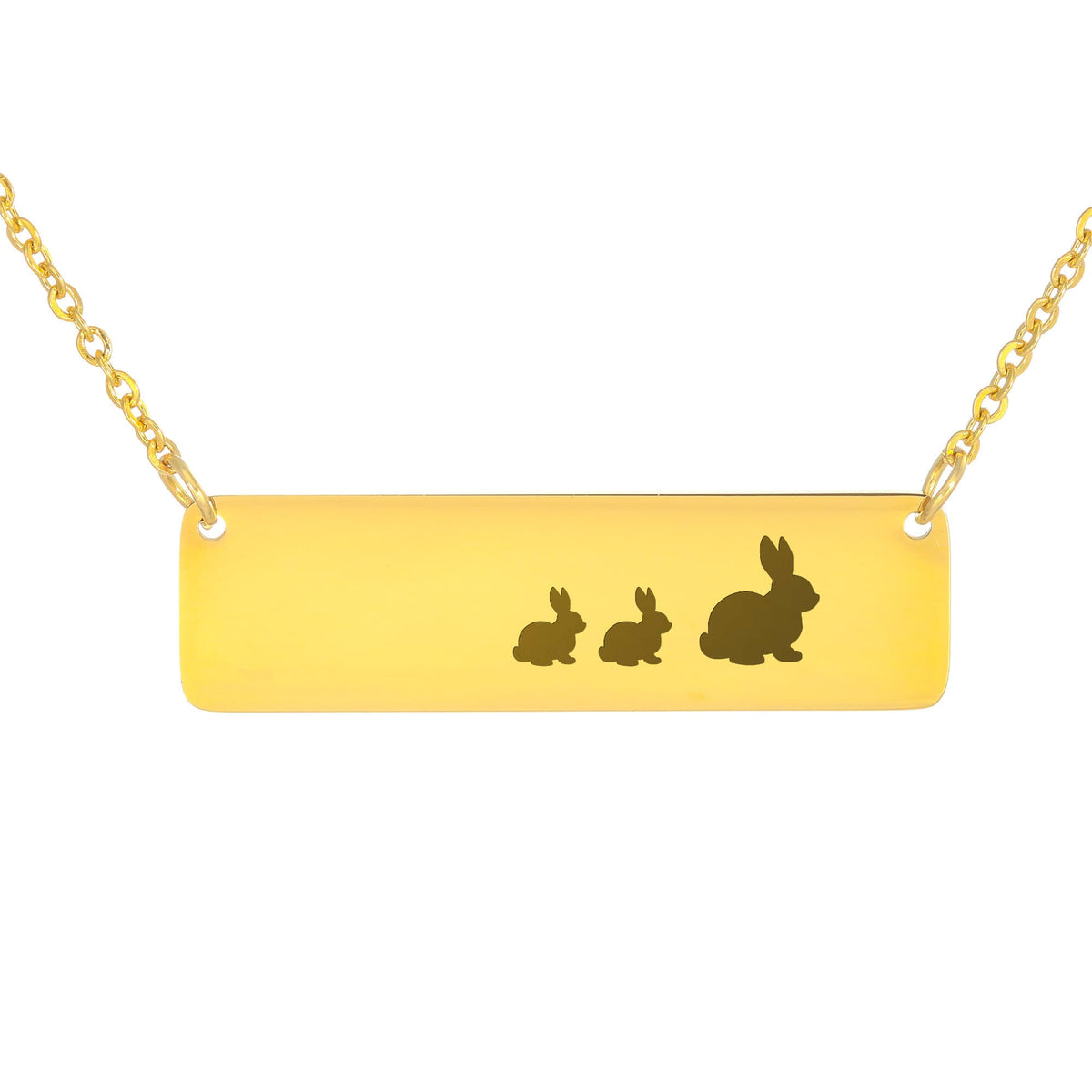 Bunny Mother And 2 Babies Horizontal Bar Necklace, Engraved Family Necklace