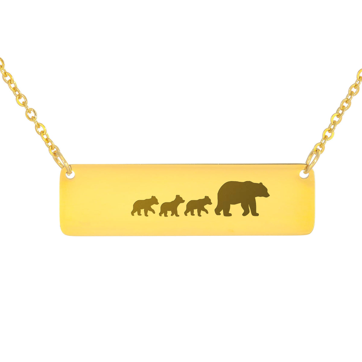 Bear Mother And 3 Babies Horizontal Bar Necklace, Engraved Family Necklace