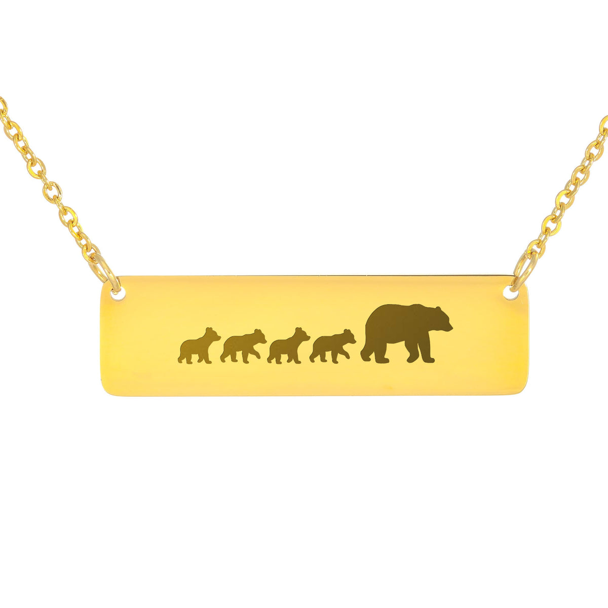 Bear Mother And 4 Babies Horizontal Bar Necklace, Engraved Family Necklace