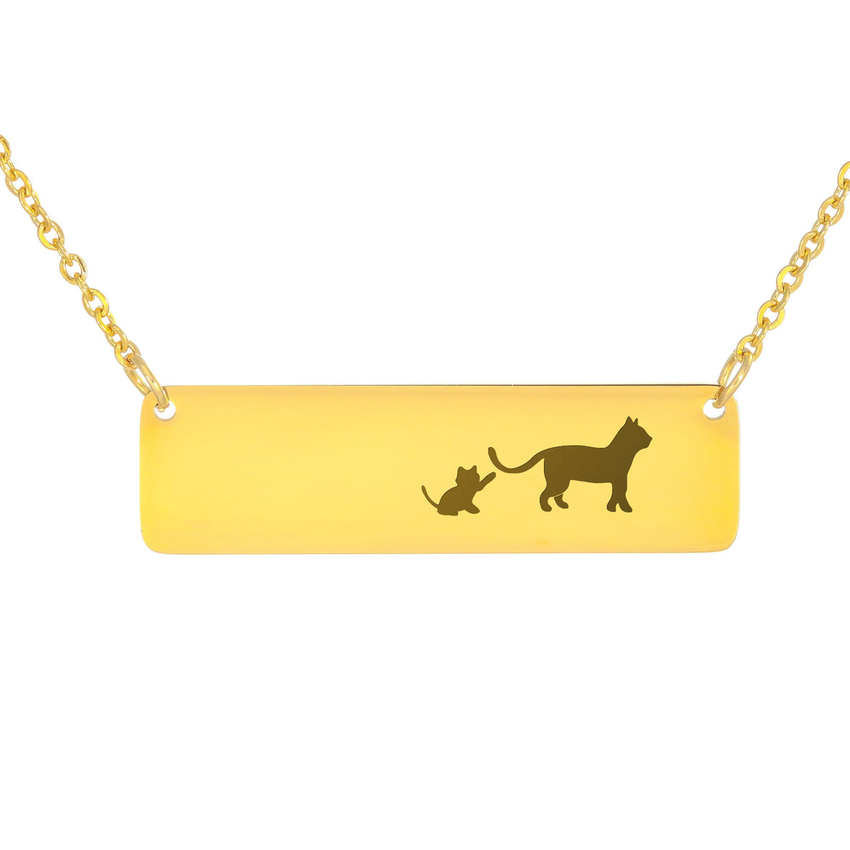 Cat Mother And 1 Baby Horizontal Bar Necklace, Engraved Family Necklace