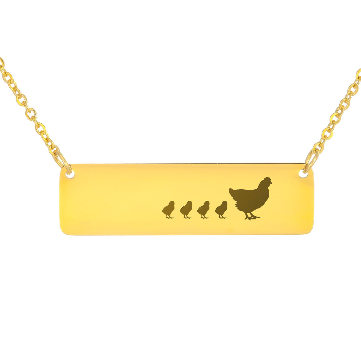 Chicken Mother And 4 Babies Horizontal Bar Necklace, Engraved Family Necklace