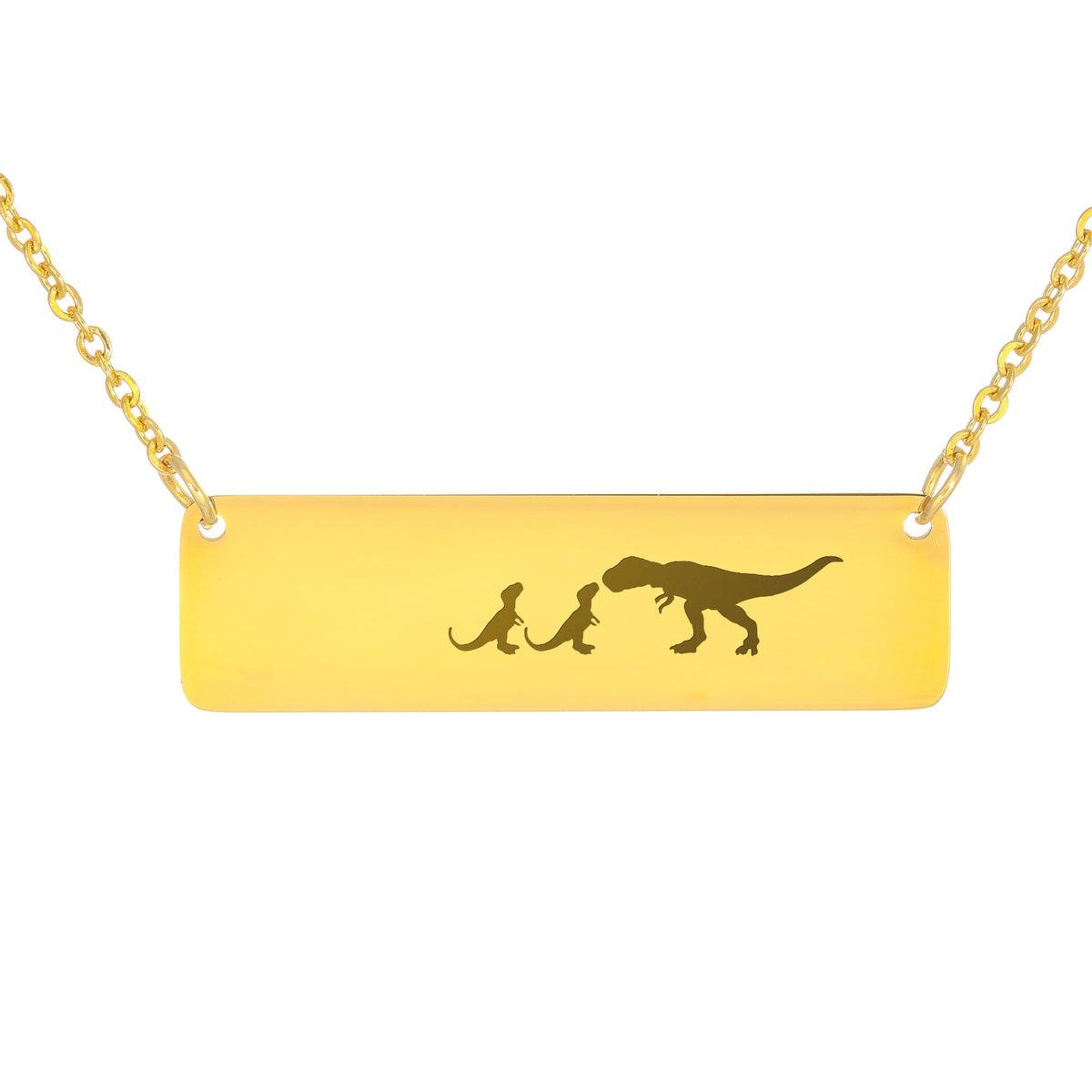 Dinosaur Mother And 2 Babies Horizontal Bar Necklace, Engraved Family Necklace